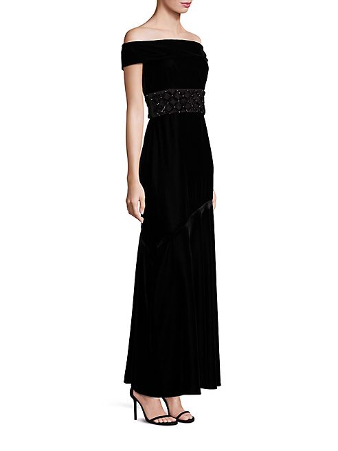 Shoshanna - Sequined Waist Off-the-Shoulder Midnight Velvet Gown