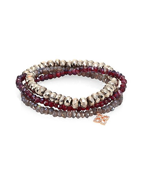 Sydney Evan - Mini Moroccan Flower Diamond, Pyrite, Rhodolite Garnet, Labradorite & 14K Rose Gold Beaded Triple-Wrap Bracelet