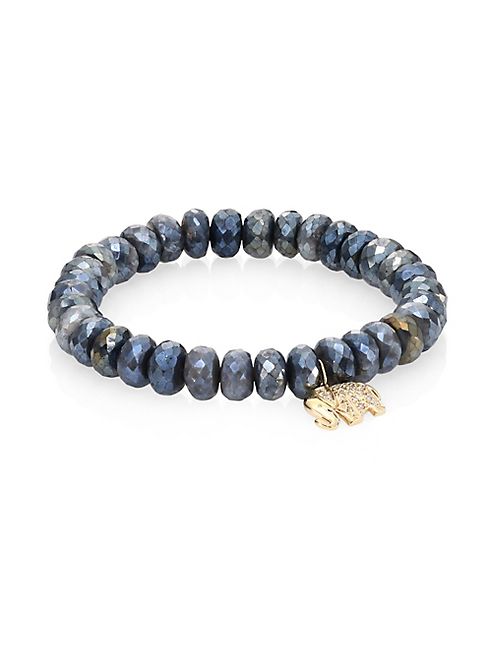 Sydney Evan - Small Elephant Diamond, Dark Grey Quartz & 14K Yellow Gold Beaded Stretch Bracelet