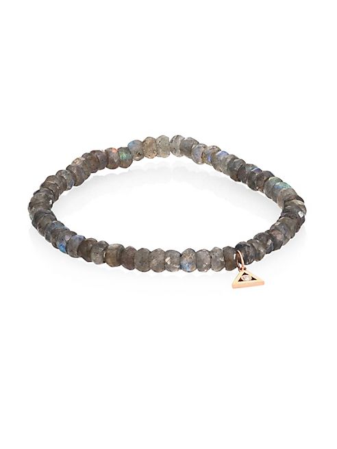 Sydney Evan - Bezel Triangle Diamond, Labradorite & 14K Rose Gold Beaded Stretch Bracelet