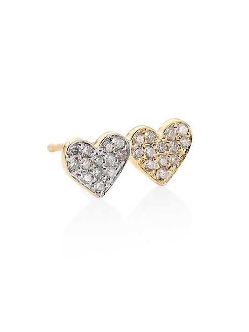 Sydney Evan - Small Pavé Double Heart Diamond & 14K Yellow Gold Single Earring Stud