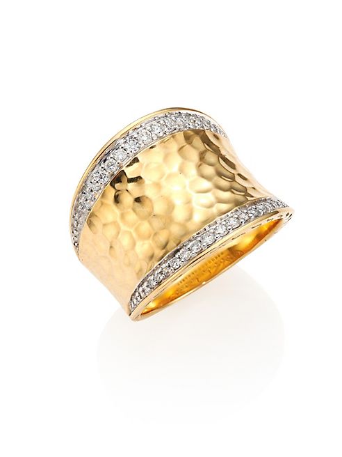 John Hardy - Classic Chain Pave Diamond & 18K Yellow Gold Hammered Saddle Ring