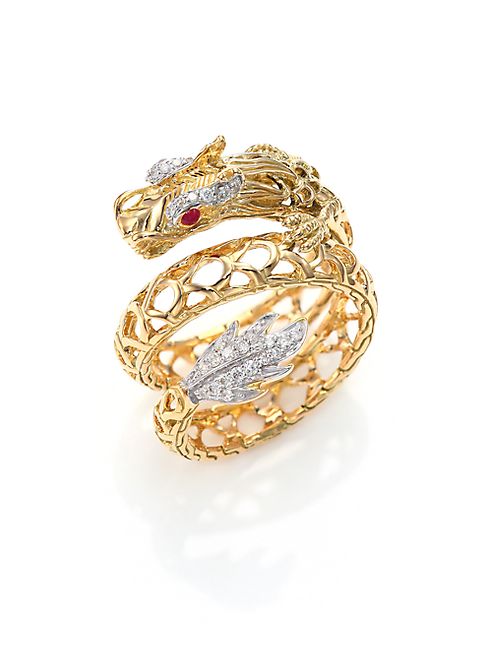 John Hardy - Legends Naga 18K Gold, African Ruby & Pavé Diamond Dragon Coil Ring