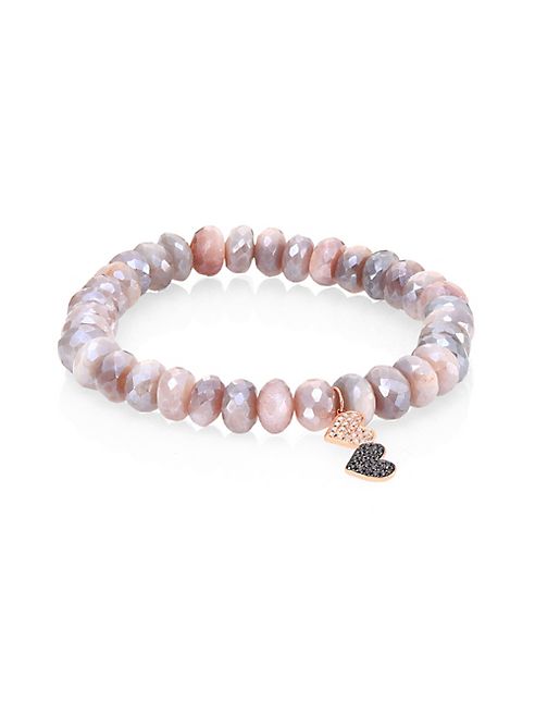 Sydney Evan - Double Heart Diamond, Moonstone & 14K Rose Gold Beaded Stretch Bracelet