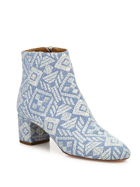 Aquazzura - Brooklyn Embroidered Denim Block Heel Booties