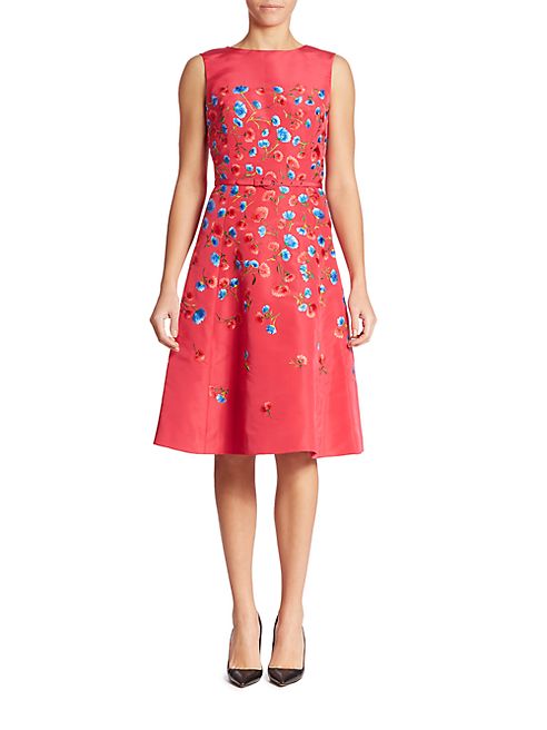 Oscar de la Renta - Floral Embroidered Silk Faille Dress