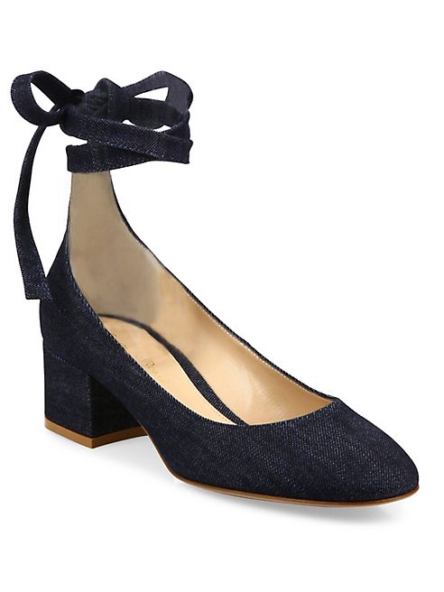 Gianvito Rossi - Denim Ankle-Wrap Block Heel Pumps