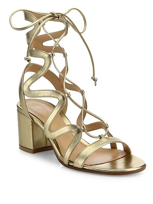 Gianvito Rossi - Metallic Leather Lace-Up Block Heel Sandals