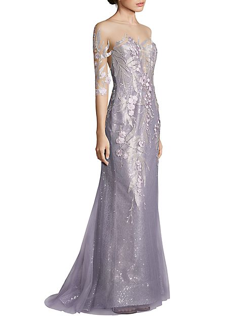 Liancarlo - Three-Quarter Sleeve Embroidered Tulle Sequin Gown