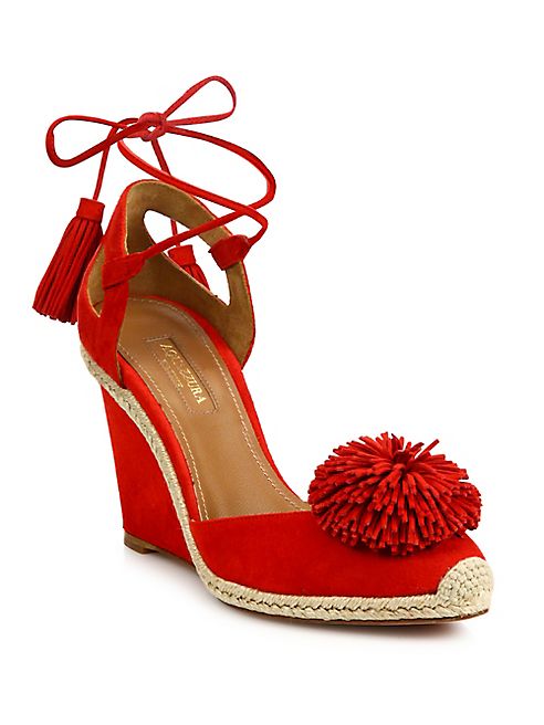 Aquazzura - Sunshine Pom-Pom Suede Wedge Espadrilles