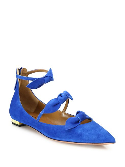 Aquazzura - St. Tropez Bow Suede Point Toe Flats