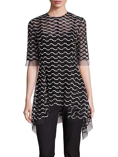 Lela Rose - Wave-Embroidered Lace Asymmetric-Hem Top