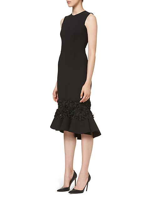 Carolina Herrera - Embroidered Flutter Hem Stretch Wool Sheath Dress