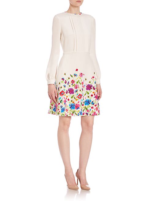 Oscar de la Renta - Long-Sleeve Floral-Print Silk Dress