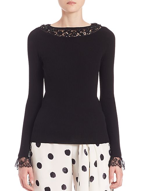 Oscar de la Renta - Lace-Cuff Embellished Wool Knit Top