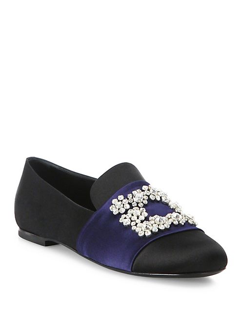 Roger Vivier - Flower Crystal-Buckle Satin Loafers