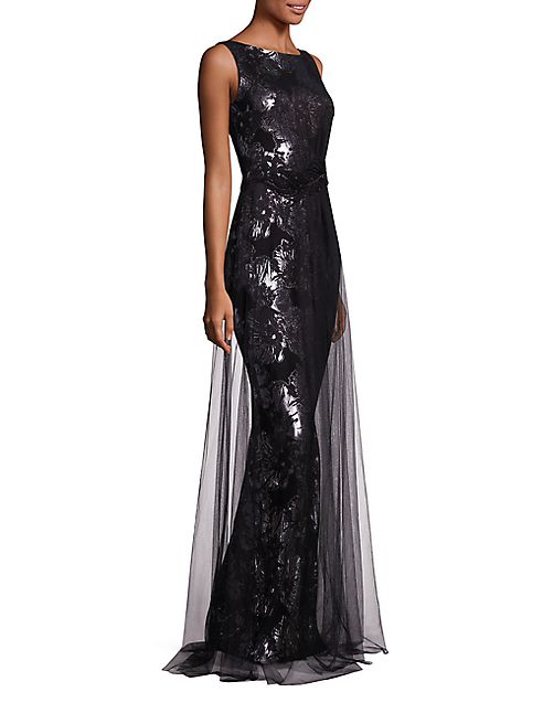 Theia - Metallic Jacquard Tulle Overlay Gown