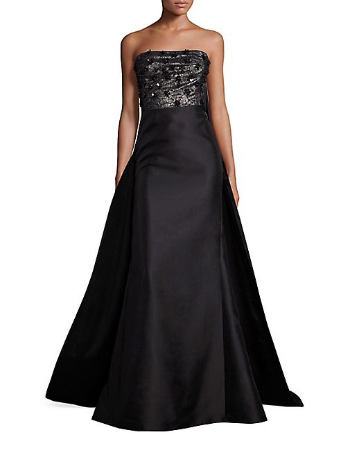 ML Monique Lhuillier - Floral-Accented Train Back Mikado Gown