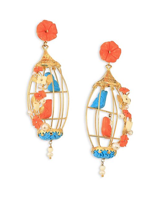 Of Rare Origin - Lovebirds Coral, Turquoise, Bone & Freshwater Pearl Drop Earrings