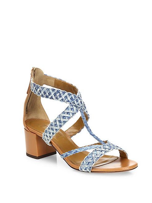 Aquazzura - Tyra Denim & Leather Block Heel Sandals