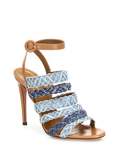 Aquazzura - Tyra Strappy Denim & Leather Ankle-Strap Sandals