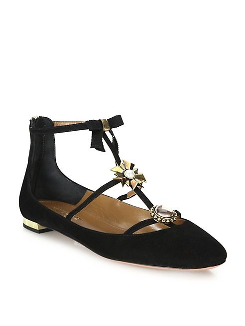 Aquazzura - Pandora Embellished Suede Flats