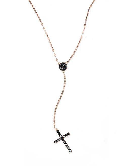 LANA JEWELRY - Reckless Crossary Black Diamond & 14K Rose Gold Lariat Necklace