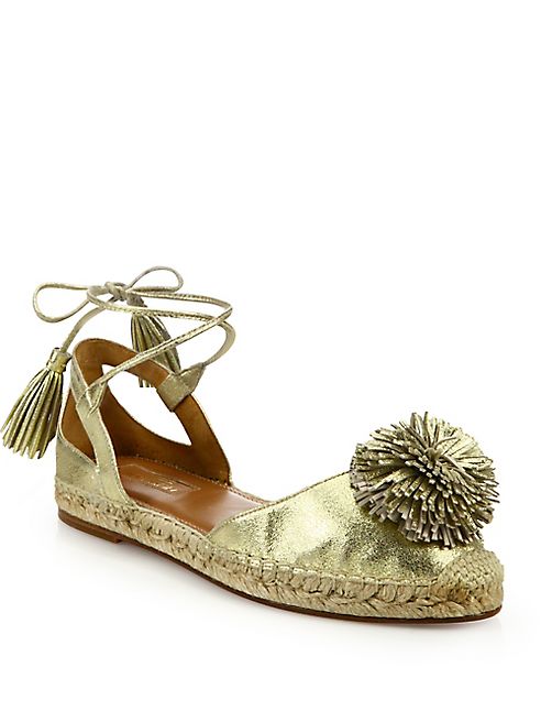 Aquazzura - Sunshine Pom-Pom Metallic Leather Espadrille Flats