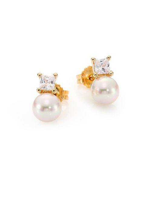 Majorica - 8MM White Round Pearl & Crystal Stud Earrings