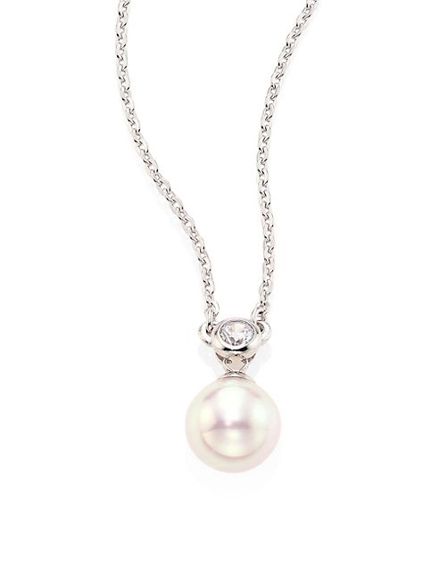 Majorica - 8MM White Round Pearl & Crystal Pendant Necklace