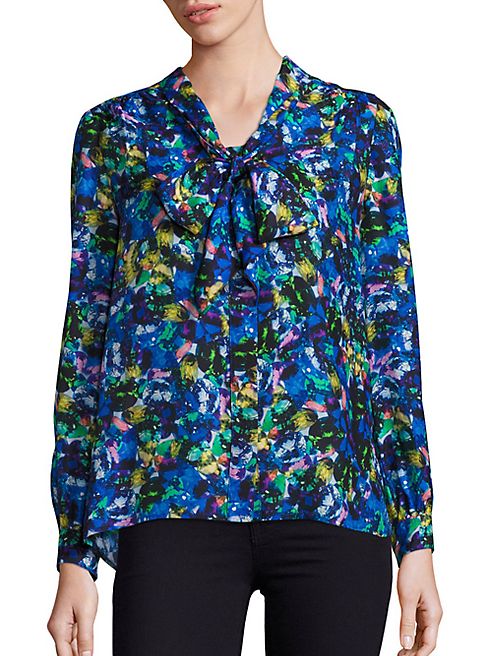 MILLY - Silk Jewel-Print Tie-Neck Blouse