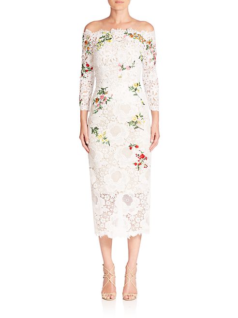 Monique Lhuillier - Embroidered Off-The-Shoulder Lace Dress