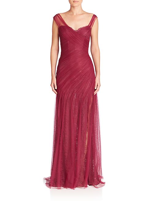 Monique Lhuillier - Draped French Tulle Off-The-Shoulder Gown