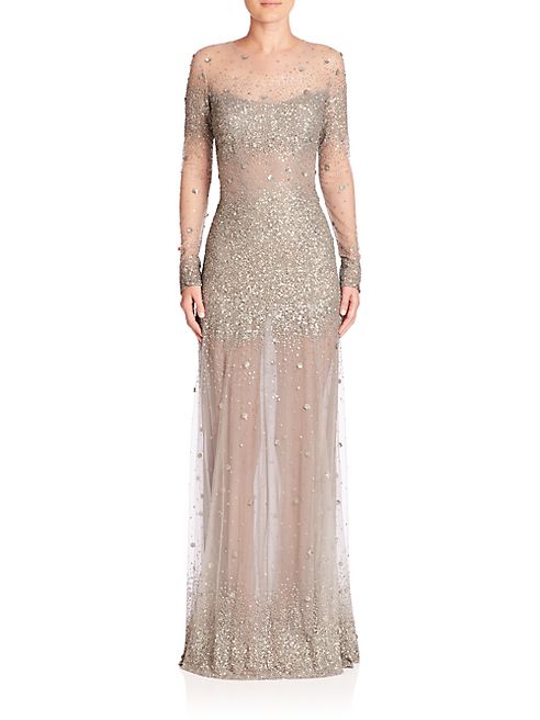 Monique Lhuillier - Embroidered Long-Sleeve Illusion Gown