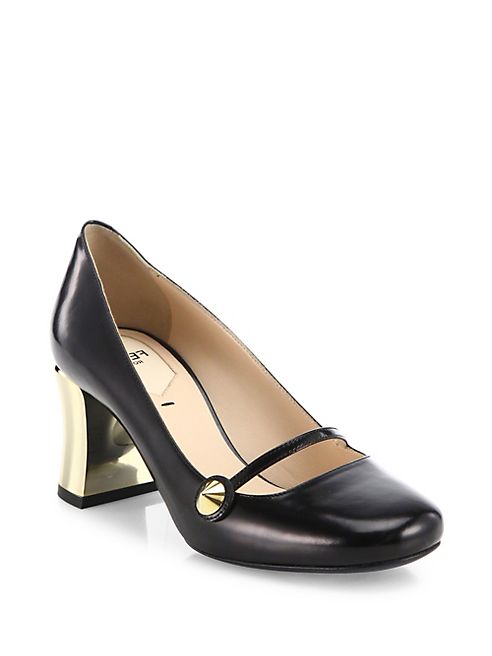 Fendi - Golden Block Heel Leather Mary Jane Pumps