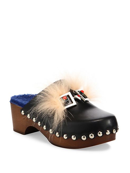 Fendi - Fendi Faces Leather & Fur Clogs