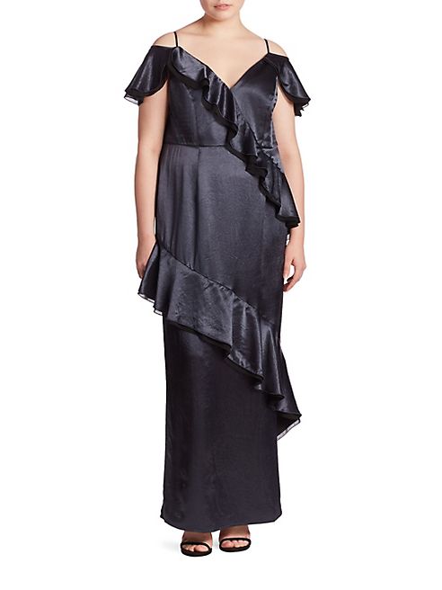 ABS, Plus Size - Cold-Shoulder Ruffle Gown