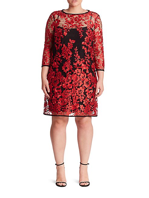 ABS, Plus Size - Embroidered Lace Shift Dress