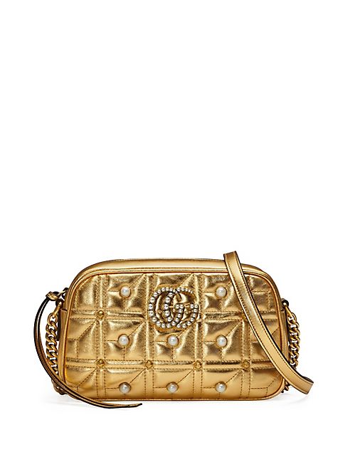 Gucci - Small GG Marmont Studded Metallic Leather Chain Shoulder Bag