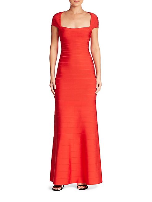 Herve Leger - Cap-Sleeve A-Line Gown