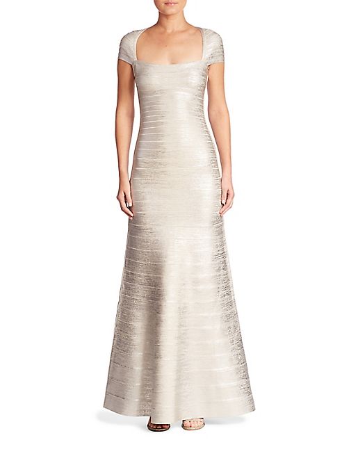 Herve Leger - Foiled Cap-Sleeve A-Line Gown