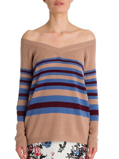 Valentino - Off-The-Shoulder Stripe Cashmere Sweater