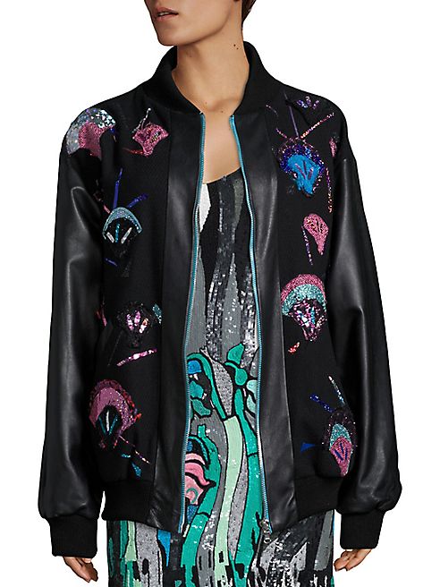 Roberta Einer - Tweed & Leather Applique Bomber Jacket