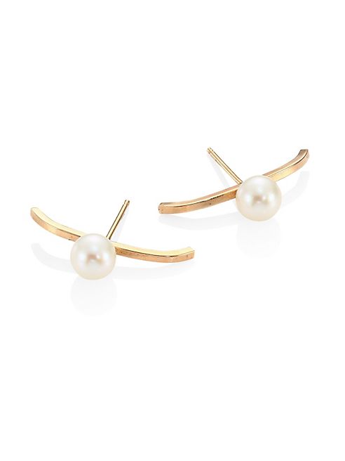 Zoe Chicco - 6MM White Freshwater Pearl & 14K Yellow Gold Curved Bar Staple Stud Earrings