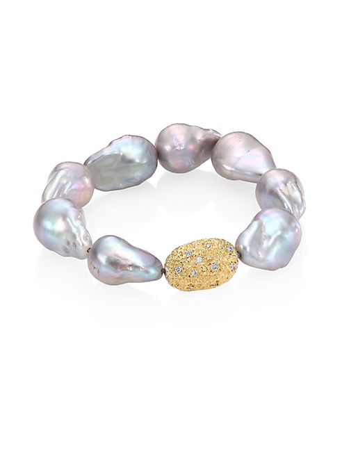 Jordan Alexander - 15MM Baroque Freshwater Pearl, Diamond & 18K Yellow Gold Beaded Stretch Bracelet