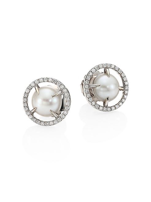 Jordan Alexander - 10MM Sliced Round Freshwater Pearl, Diamond & 18K White Gold Stud Earrings