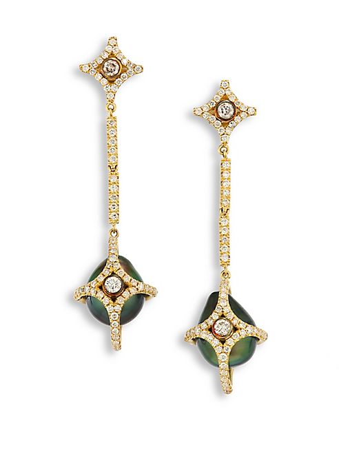 Jordan Alexander - Diamond, 10MM Tahitian Pearl & 18K Yellow Gold Caged Drop Earrings