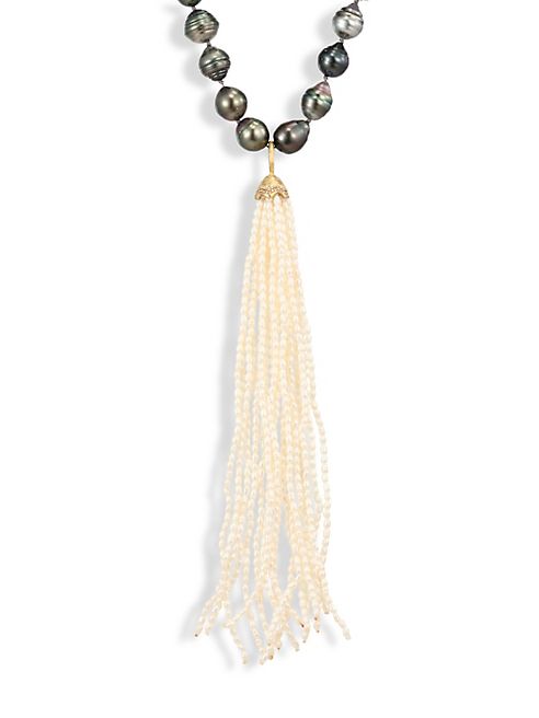 Jordan Alexander - 2MM White Seed Pearl, Diamond & 18K Yellow Gold Tassel