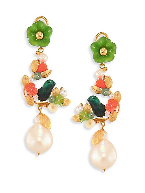 Of Rare Origin - Partridge In A Pear Tree Round Freshwater Pearl, Jade & Coral Drop Earrings