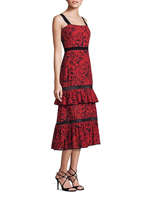 Prabal Gurung - Tiered Ruffle Printed Eyelet Cotton Dress